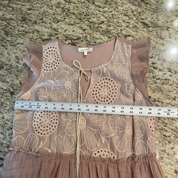 Mystree Size Small Taupe Ruffle Embroidered Dress Midi Boho Fairy - Picture 10 of 12